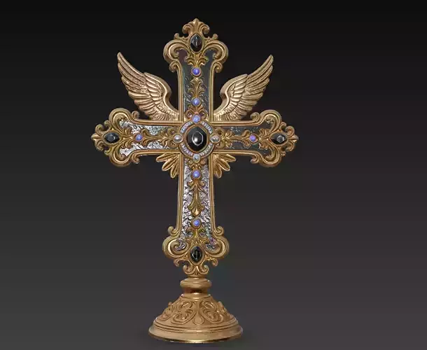 Angelic Cross Statue - Ornate Winged Sacred Relic on Pedestal