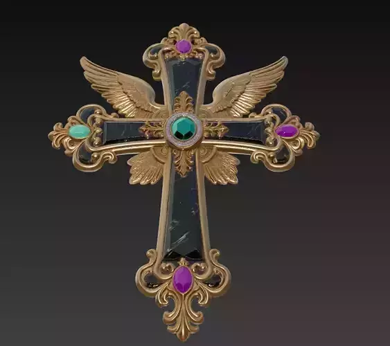 Ornamental Angelic Cross - Winged Sacred Gemstone Relic 3D Model
