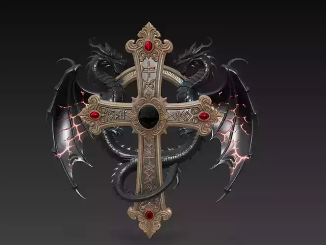 Enchanted Twin Dragon Cross - Dark Fantasy Gothic Relic 3D Model