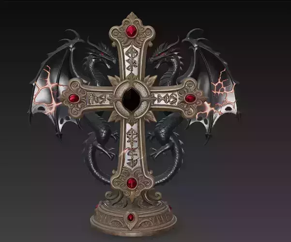 Infernal Twin Dragon Cross Statue - Gothic Fantasy Sculpture