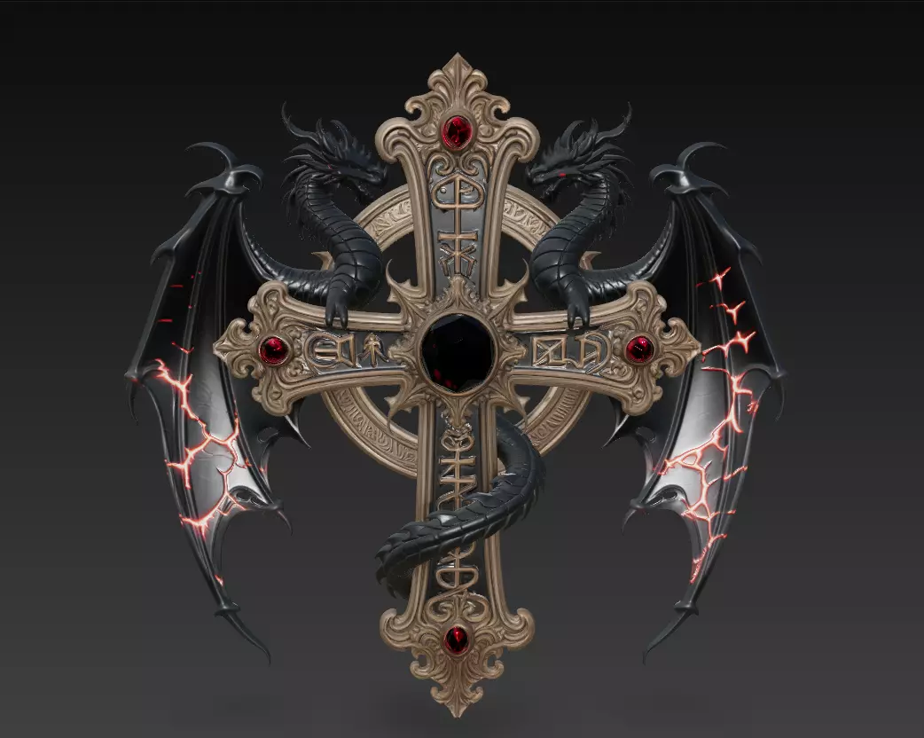 Twin Dragon Gothic Cross - Dark Fantasy Ornamental Sculpture 3D print model