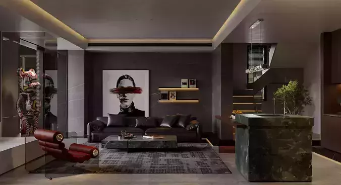 Dark living room dining room interior scenes 