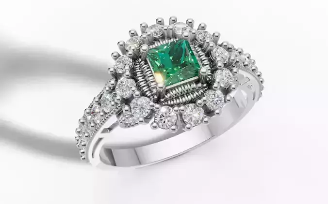 Princess Cluster Halo Ring Ribbed Bezel Pave STL CAD File