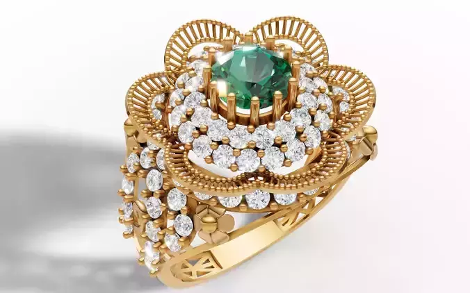 Fancy Flower Cluster Ring Big Stone Openwork Band STL CAD 