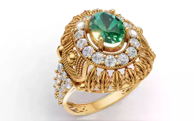 Big Oval Halo Ring Detailed Leaf Design Band STL CAD File