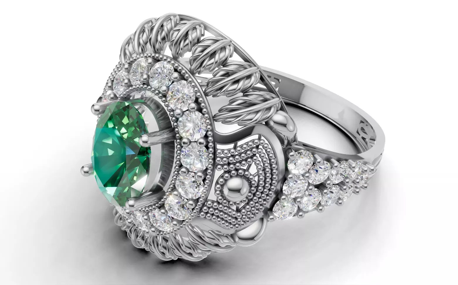 Big Oval Halo Ring Detailed Leaf Design Band STL CAD File 3D print model_3