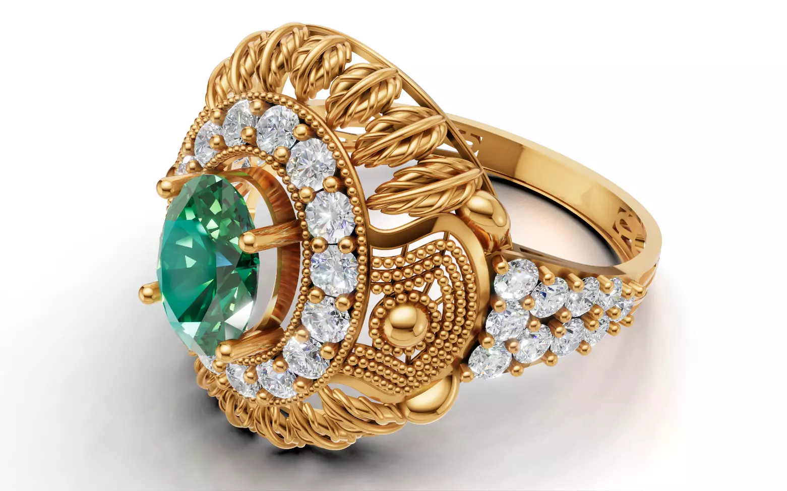 Big Oval Halo Ring Detailed Leaf Design Band STL CAD File 3D print model_1