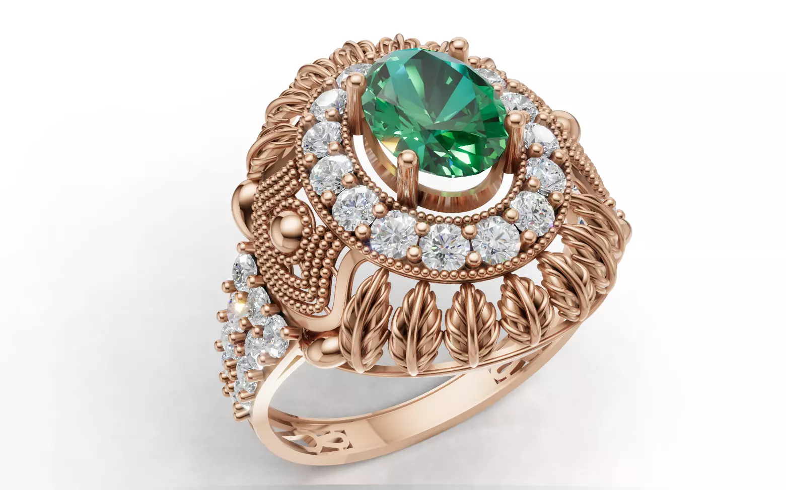 Big Oval Halo Ring Detailed Leaf Design Band STL CAD File 3D print model_4