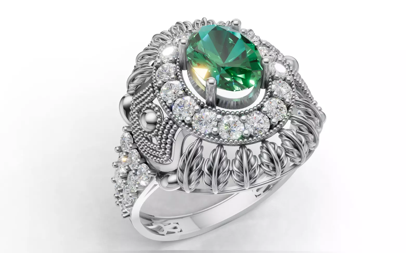 Big Oval Halo Ring Detailed Leaf Design Band STL CAD File 3D print model_2