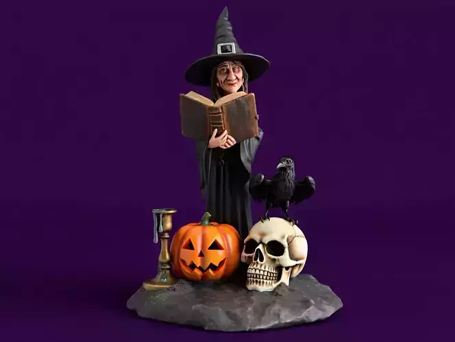 2901  Witch with Spell book  Skull  Raven and Pumpkin