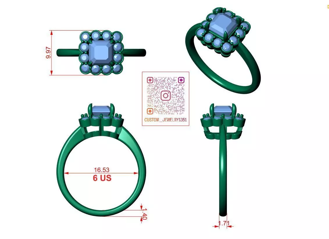 Asscher Diamond Ring 3D print model_6