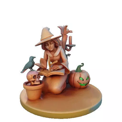 2902  Witch with Spell book  Skull  Raven and Pumpkin 3D print model_15