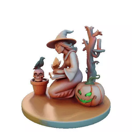 2902  Witch with Spell book  Skull  Raven and Pumpkin 3D print model_10