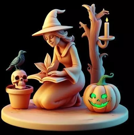 2902  Witch with Spell book  Skull  Raven and Pumpkin 3D print model_6