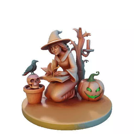 2902  Witch with Spell book  Skull  Raven and Pumpkin 3D print model_13