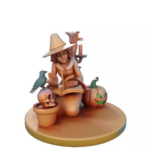 2902  Witch with Spell book  Skull  Raven and Pumpkin 3D print model_16