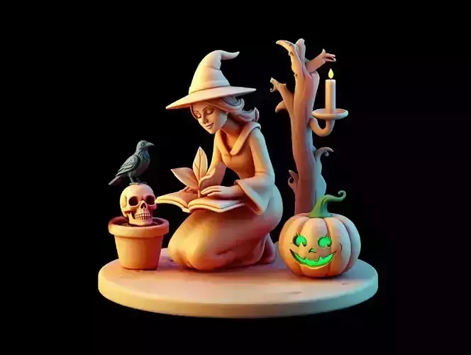 2902  Witch with Spell book  Skull  Raven and Pumpkin