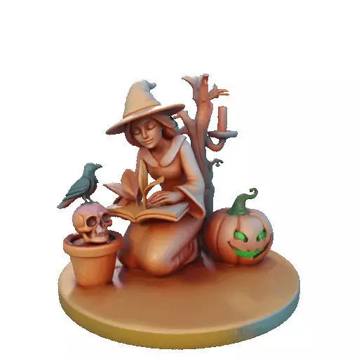 2902  Witch with Spell book  Skull  Raven and Pumpkin 3D print model_14