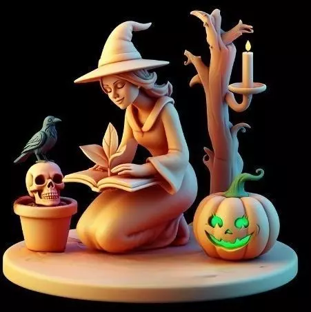 2902  Witch with Spell book  Skull  Raven and Pumpkin 3D print model_1