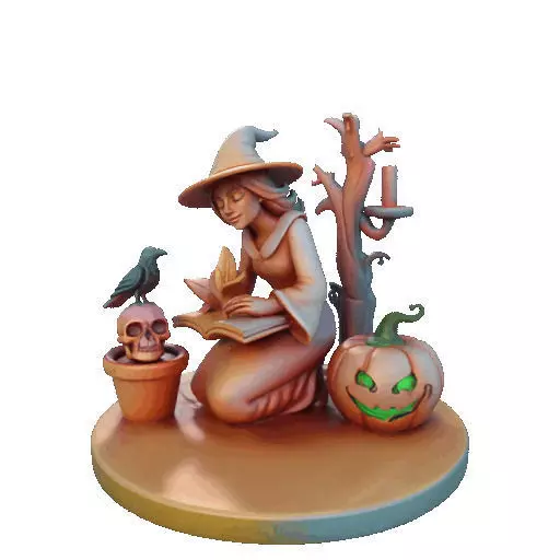 2902  Witch with Spell book  Skull  Raven and Pumpkin 3D print model_12