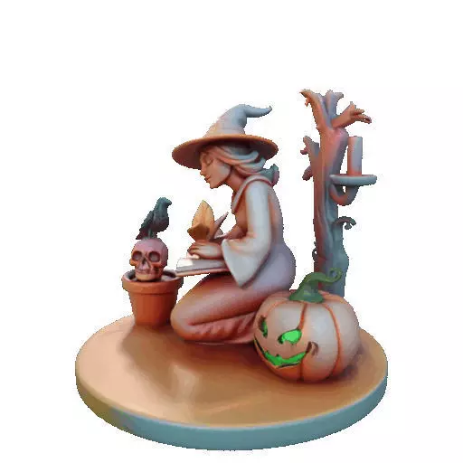 2902  Witch with Spell book  Skull  Raven and Pumpkin 3D print model_39