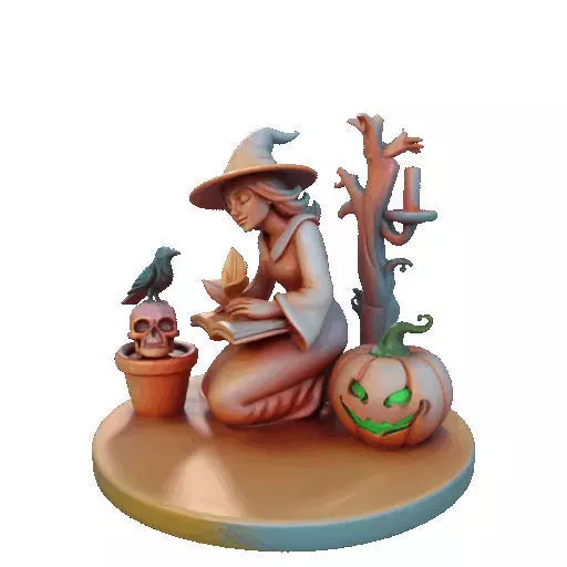 2902  Witch with Spell book  Skull  Raven and Pumpkin 3D print model_11