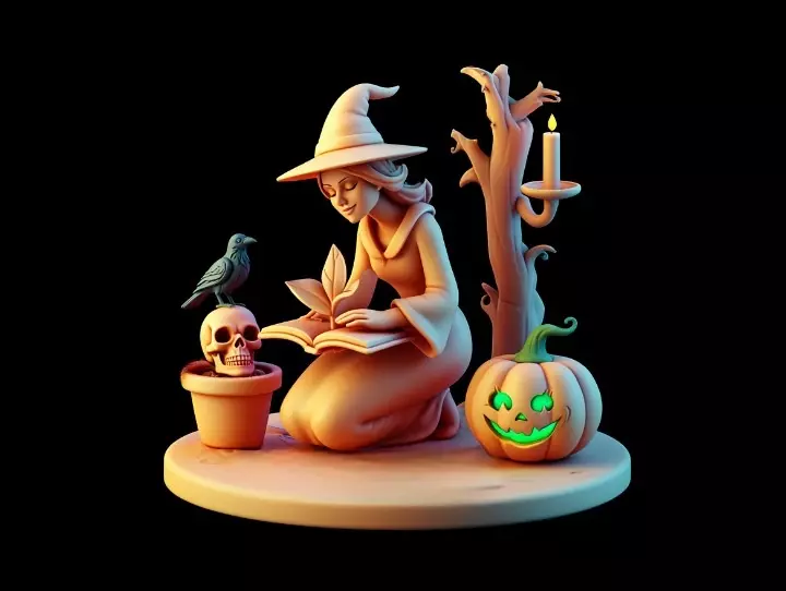2902  Witch with Spell book  Skull  Raven and Pumpkin 3D print model_4