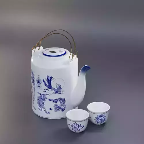 Ceramic Teapot Set Blue Porcelain Vintage High Poly