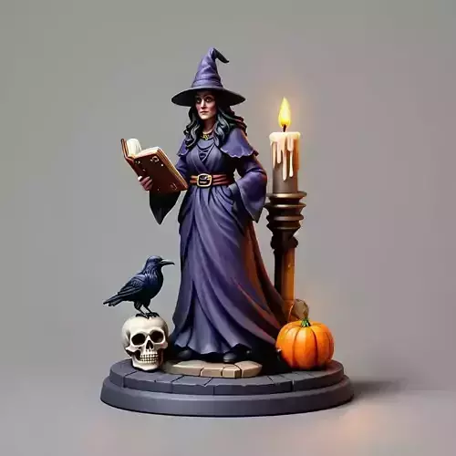 2903  Witch with Spell book  Skull   Raven and Pumpkin