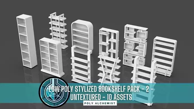 Low Poly Stylized Bookshelf Pack - 2 - Untextured  - 10 Props