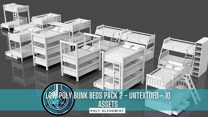 Low Poly Bunk Beds Pack 2 - Untextured - 10 Props 