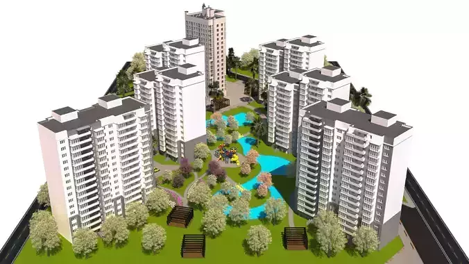Modern Apartment Complex 3D Model Low-poly 3D model 3