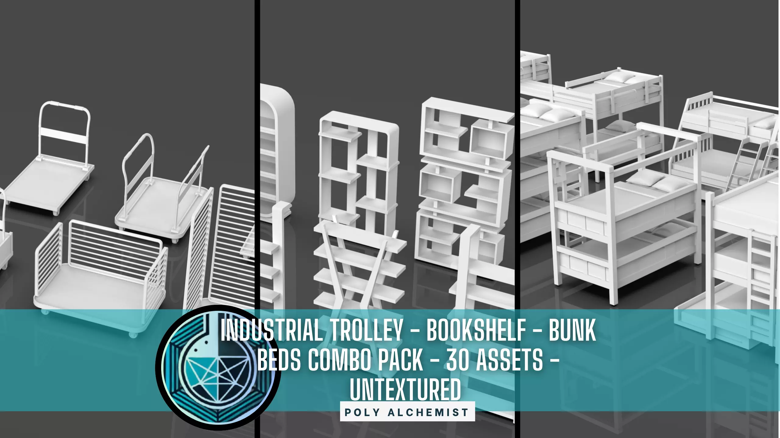 Bookshelf-Bunk Bed-Trolley Combo Pack - 30 Assets - Untextured Low-poly 3D model