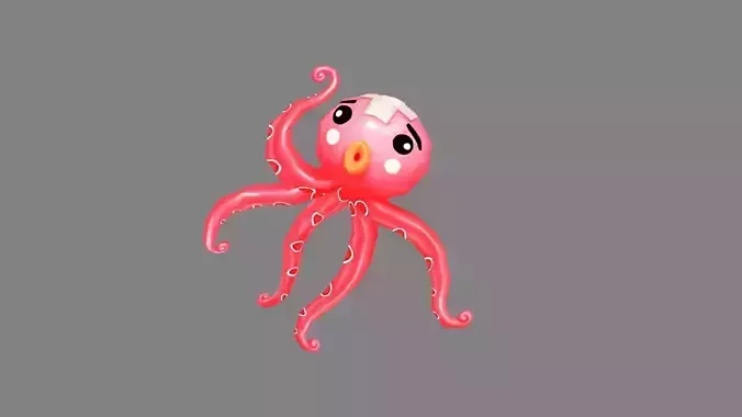 Cartoon Red Octopus - Injured Squid