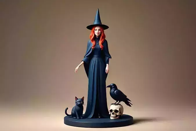 2904 Witch with Spell book  Skull   Raven and Pumpkin