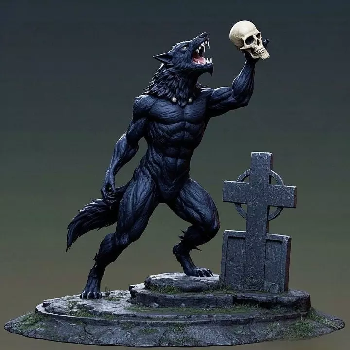 2905  COLOR Werewolf Howling  with Skull  3D Model 3D print model_5