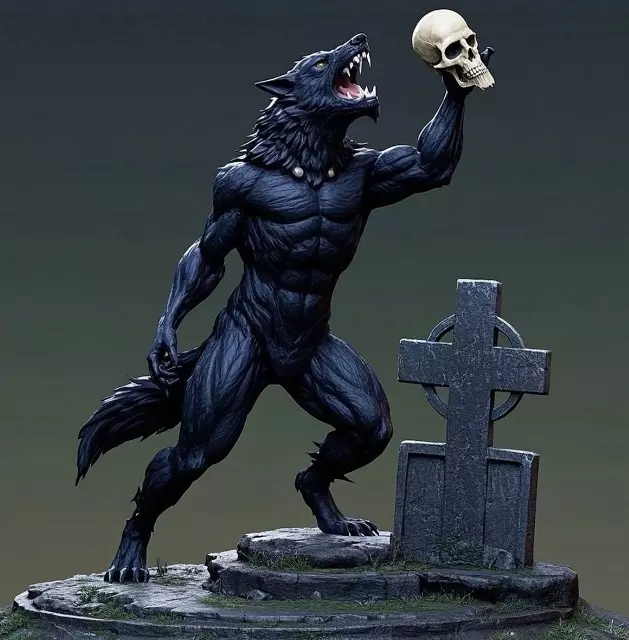 2905  COLOR Werewolf Howling  with Skull  3D Model 3D print model_1