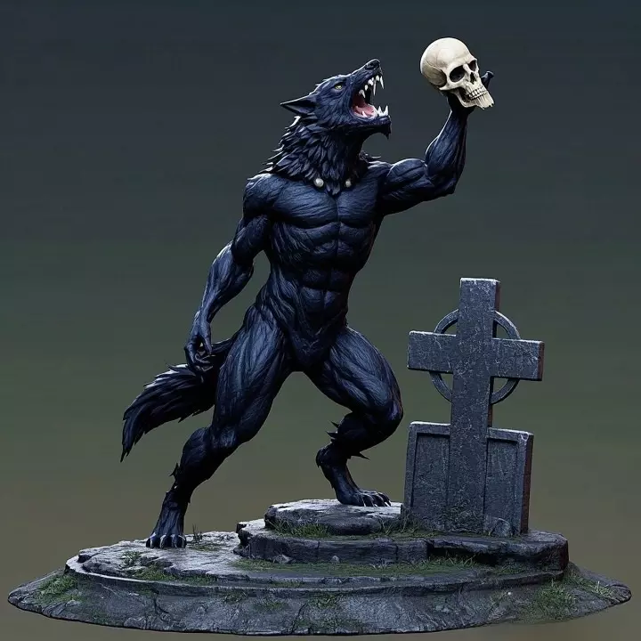 2905  COLOR Werewolf Howling  with Skull  3D Model 3D print model_4