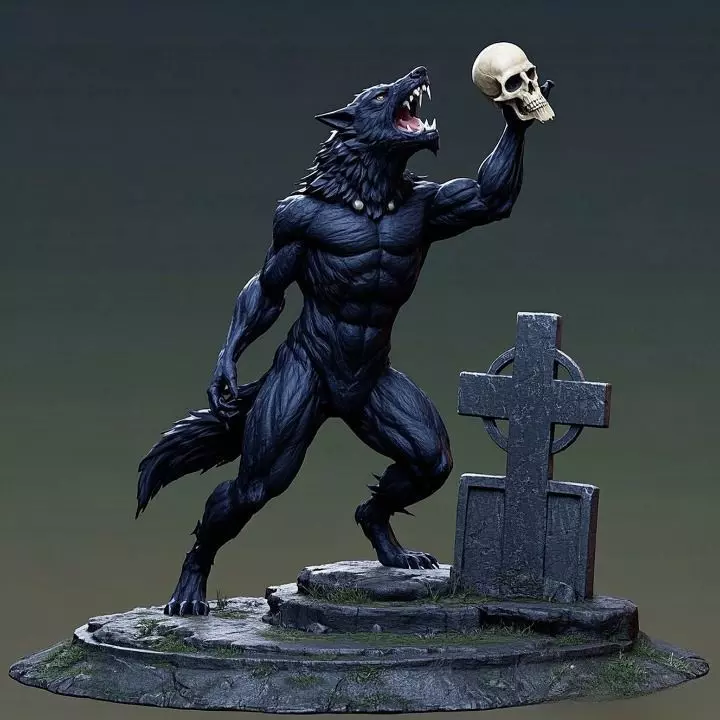2905  COLOR Werewolf Howling  with Skull  3D Model 3D print model_0