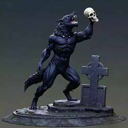 2905  COLOR Werewolf Howling  with Skull  3D Model