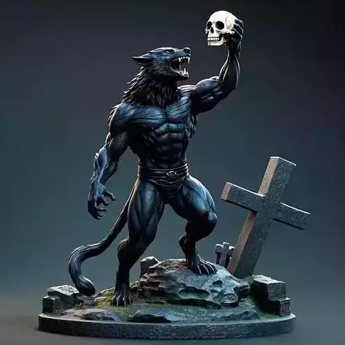 2906  COLOR Werewolf Howling  with Skull  3D Model