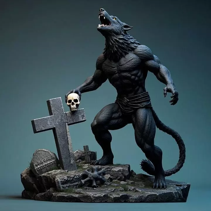 2907COLOR Werewolf Howling with Skull 3D Model stl 3D print model