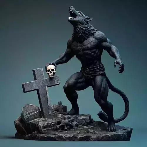 2907  COLOR Werewolf Howling with Skull  3D Model