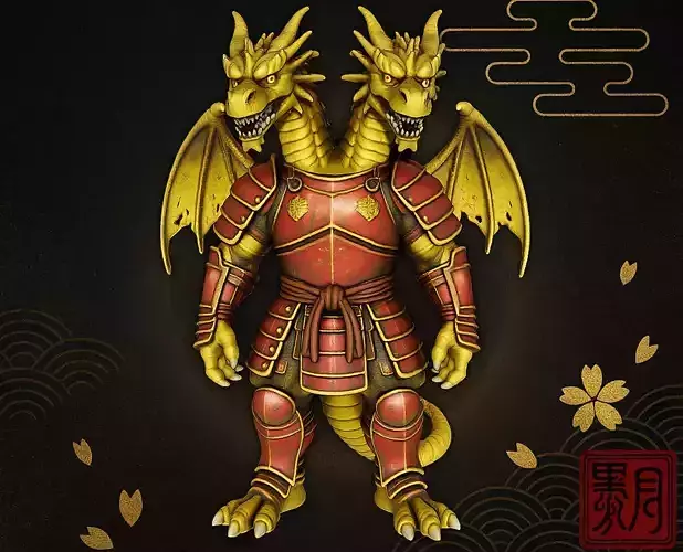 Samurai Dragon Dual-Headed Armored Warrior Highpoly Sculpt