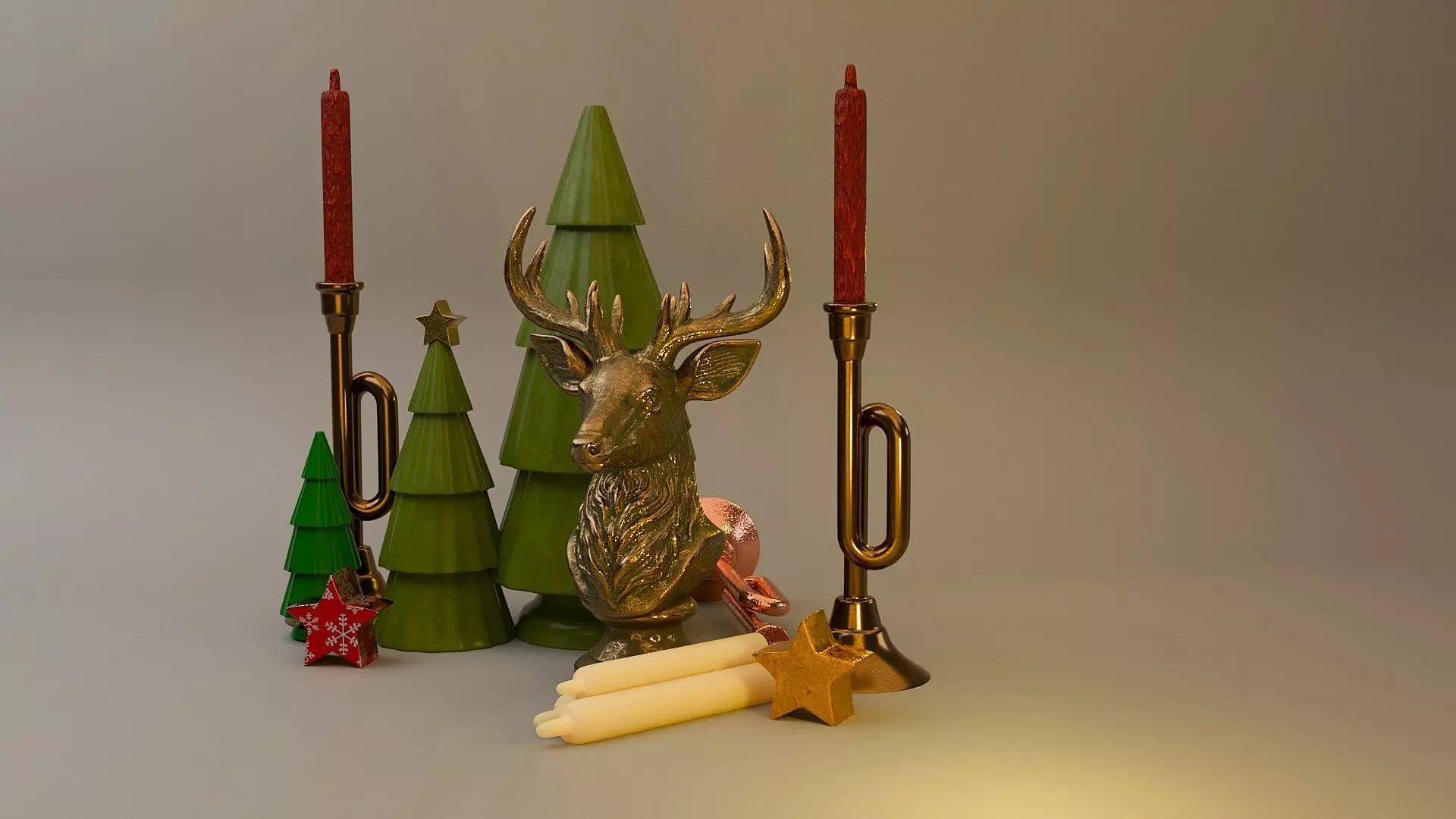Christmas Miniature Set  Trumpet Candlesticks and Reindeer Bust 3D print model_1