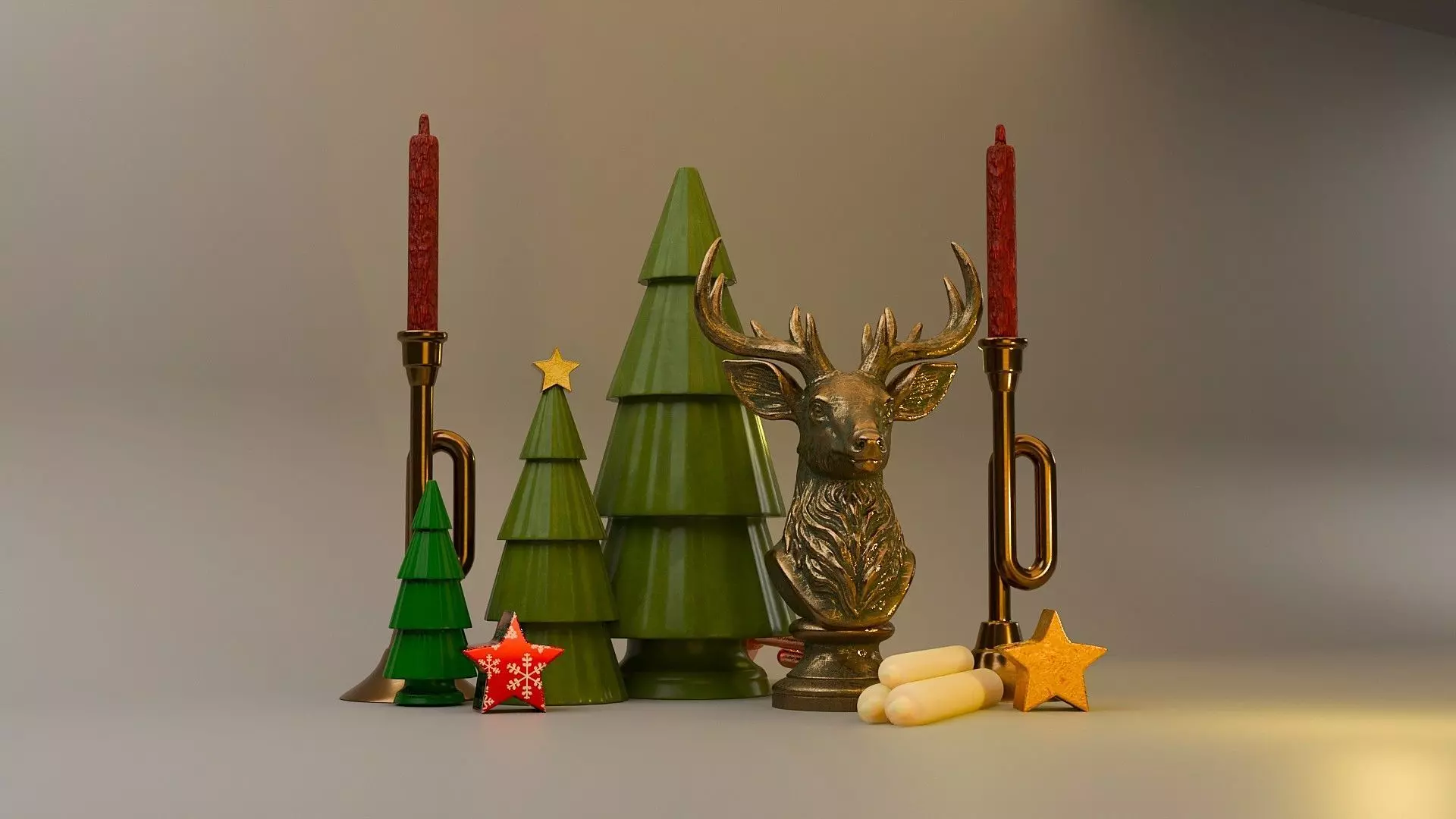 Christmas Miniature Set  Trumpet Candlesticks and Reindeer Bust 3D print model_0