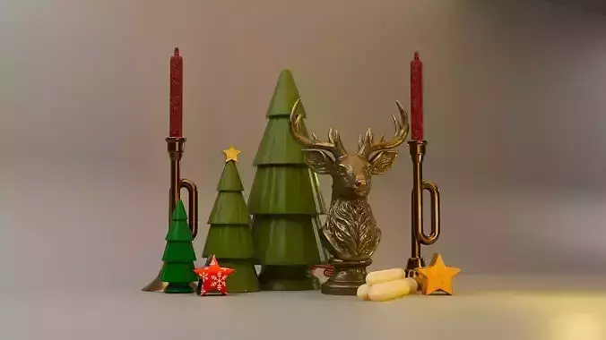 Christmas Miniature Set  Trumpet Candlesticks and Reindeer Bust