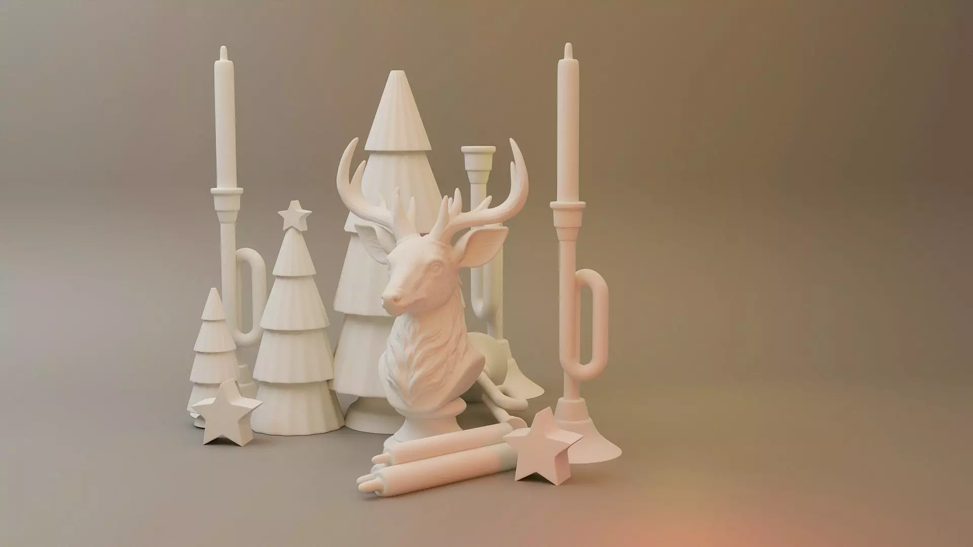 Christmas Miniature Set  Trumpet Candlesticks and Reindeer Bust 3D print model_3