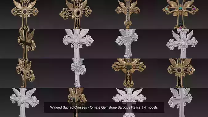 Winged Sacred Crosses - Ornate Gemstone Baroque Relics 