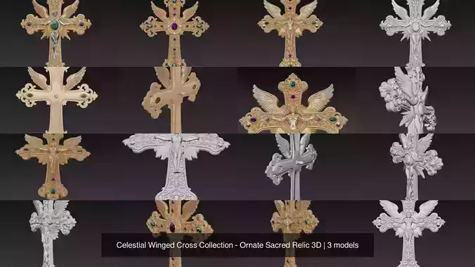 Celestial Winged Cross Collection - Ornate Sacred Relic 3D